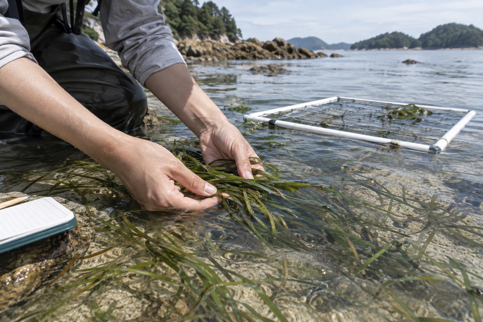 Editorial image of hands examining seagrass in shallow coastal water