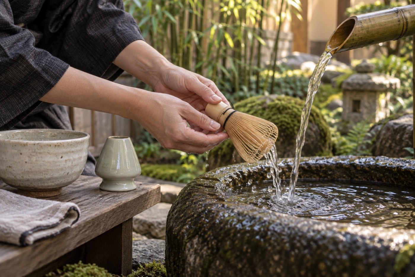 Hands gently rinsing a bamboo chasen at a garden tsukubai