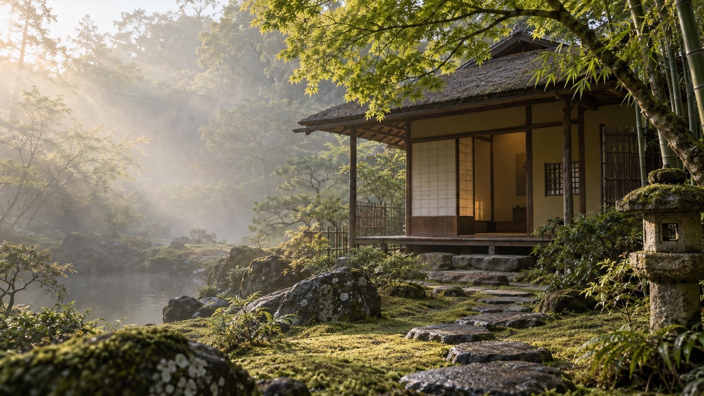 A tea house and roji garden in soft morning mist and dappled light.